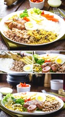 Brazilian food, restaurant food, in vertical composite position, for social media. Rice with beans, salad, fried sausage and fried chicken
