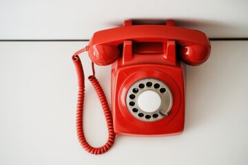 Vintage red rotary dial telephone mounted on a white wall