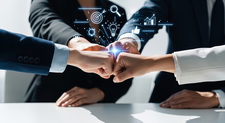 Business Team Collaboration: Fists Bump with Digital Icons Overlay. Concept of Teamwork, Success, Innovation, and Shared Goals