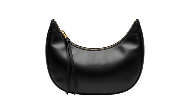 Crescent-shaped handbag with top zip, isolated on white background