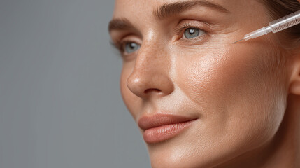 Botox injection being applied to smooth skin near eye of woman with blue eyes and natural makeup, showing calm and confident expression