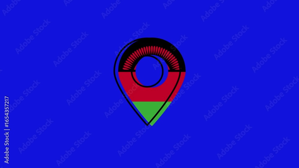 Poster malawi flag inside gps pointer icon animation on blue background