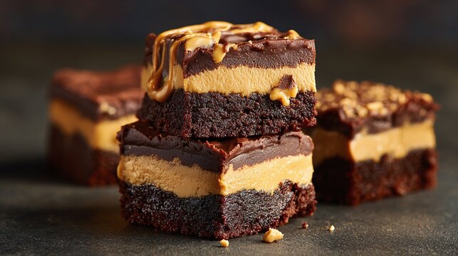 Stacked Chocolate & Peanut Butter Brownies: A decadent treat! Rich brownie base, creamy peanut butter center, and a chocolate topping. Perfect dessert indulgence.