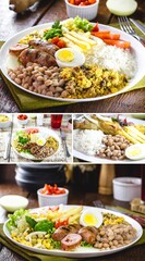 Brazilian food, restaurant food, in vertical composite position, for social media. Rice with beans, salad, fried sausage and fried chicken