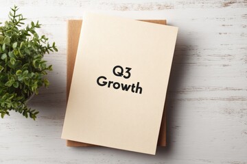 Notebook with "Q3 Growth" on a wooden surface and a plant nearby.