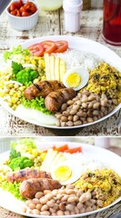 Brazilian food, restaurant food, in vertical composite position, for social media. Rice with beans, salad, fried sausage and fried chicken