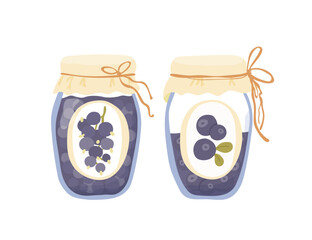 Fruit jam flat vector illustration set. Homemade berries preserves or jam isolated on white background. For cute presentation, graphic design, card and invitation.