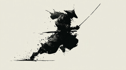 Ink illustration of a swordsman in motion, wielding a sword. Splatter art with calligraphic elements. Captures the speed and intensity of the warrior.