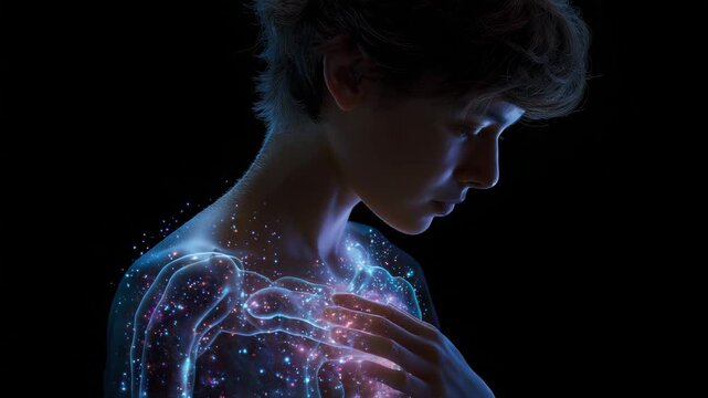A girl with a heart on her chest. a galaxy of stars. Silhouette person with transparent digestive tract filled with glowing microbiome particles,gut microbiome test, futuristic biotech