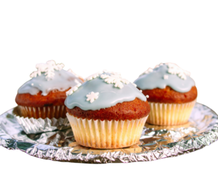  Snow-Themed Cupcake with Blue Icing, Snowflake Sprinkles, and Silver Foil Wrapper Isolated on Transparent Background PNG