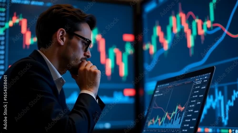 Poster a focused man in business attire analyzes stock market data on multiple screens displaying vibrant, 