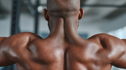 Close up of muscular man back with sweat during intense workout showing defined muscles and strength in gym environment