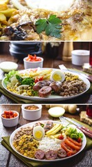 Brazilian food, restaurant food, in vertical composite position, for social media. Rice with beans, salad, fried sausage and fried chicken