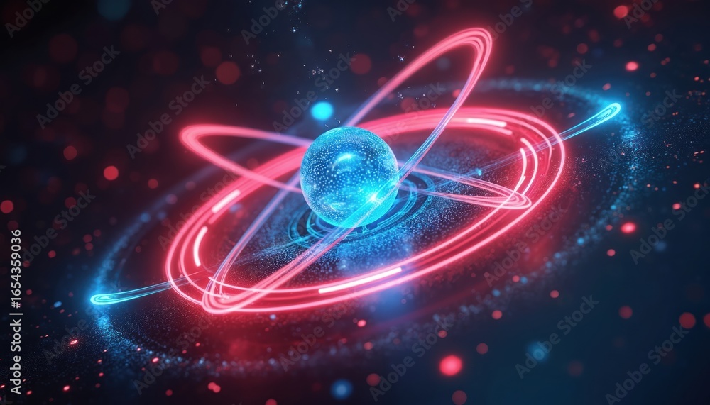 Poster abstract visualization of atom structure with glowing nucleus orbited by neon red, blue energy lines