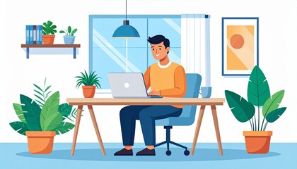 Fototapeta premium Man working on laptop in bright, modern home office filled with plants and natural light, productivity