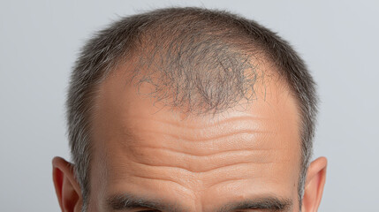 Close up photo of human scalp with visible thinning hair and receding hairline showing natural skin texture and wrinkles on forehead