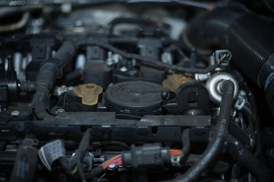 Close-up view of an engine compartment
