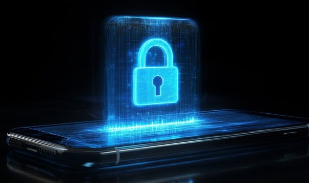 Futuristic representation of a blue padlock hologram projected above a smartphone screen, symbolizing advanced digital security and information protection technology for mobile, Generative AI