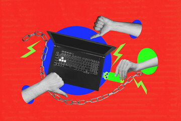 Composite zine pop trend collage of human hand hold laptop device jail captive usb spyware...