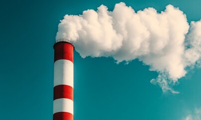 Industrial chimney emitting dense CO2 smoke against the sky, symbolizing air pollution and environmental hazards from fossil fuel combustion, contributing to greenhouse gas emissions, Generative AI