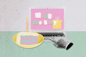 Template poster trend artwork photo collage of hand type laptop display greeting card cake eat...