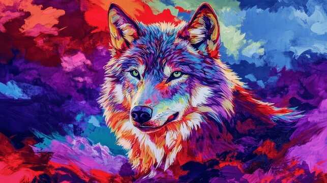 Fototapeta Close up portrait of a colorful wolf with vibrant fur on a red and purple background under a blue sky, majestic wildlife illustration showcasing fierce eyes and detailed texture for stunning animal ar