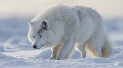 Obraz premium Close up portrait of a large male arctic wolf with thick white fur and intense eyes in a snowy winter wilderness, powerful wildlife predator symbolizing strength and survival in harsh frozen nature