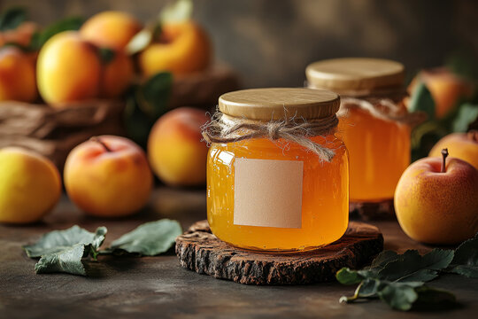 Apple Jam in glass jar with blank label and fresh apples on a wooden table	