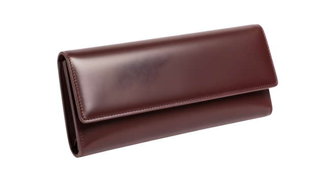 Folded leather clutch with clean lines, isolated on white background