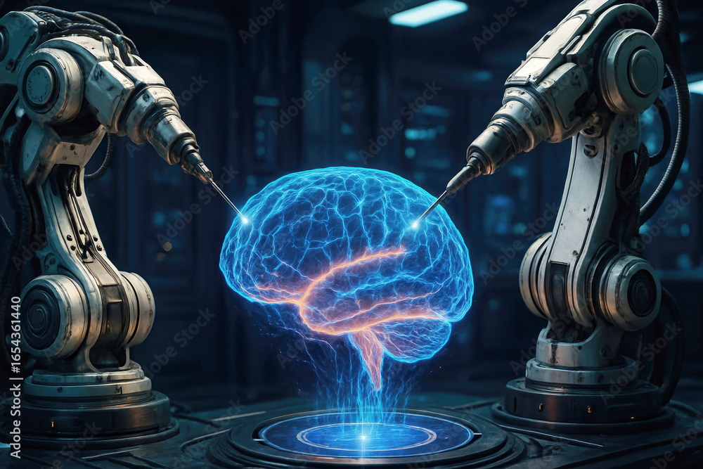 Poster advanced robotic arms interacting with a digital holographic human brain robotics artificial intelli