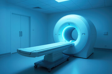 Advanced MRI machine with glowing tunnel in a sterile blue-lit medical examination room Magnetic Resonance Imaging
