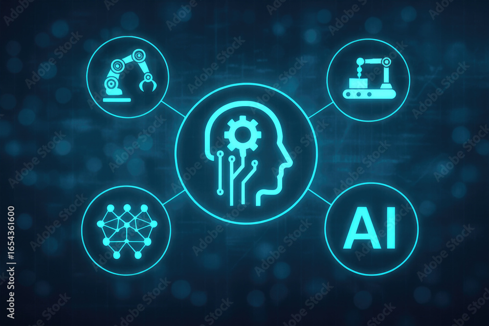 Poster ai technology concept with neural network robotics and automation icons artificial intelligence inno