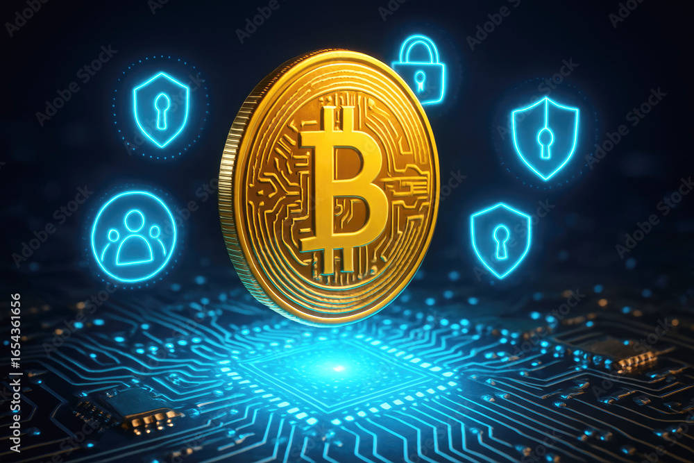 Aufkleber bitcoin cryptocurrency secured by digital shields and user icons on circuit board digital currency f