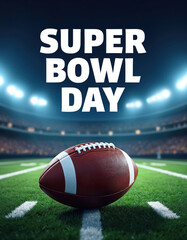 Super Bowl Day poster features an American football on illuminated stadium turf under bright lights. Text announces championship game day excitement, celebrating the sport and athletic competition.