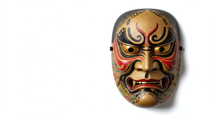 Traditional Japanese noh mask with painted detail and dramatic expression, isolated on white background. Generative AI