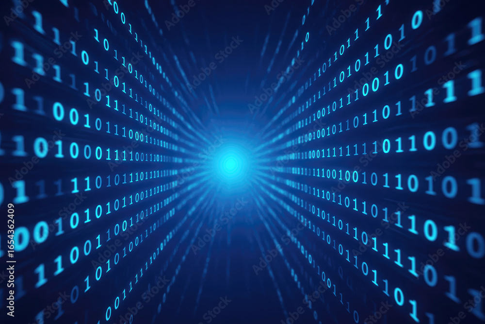 Aufkleber digital binary code tunnel with glowing blue center and fading lines data technology