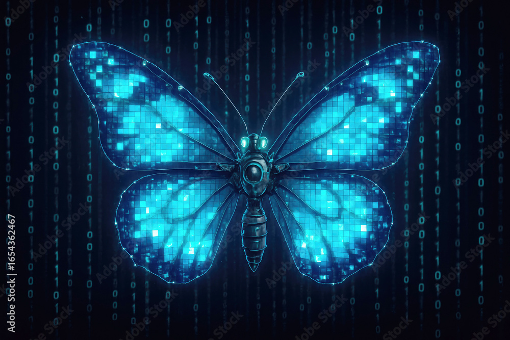 Aufkleber digital butterfly made of blue pixels and binary code technology science