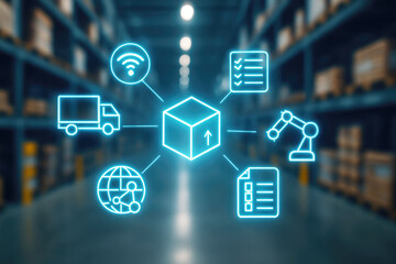 Digital logistics network diagram with icons in a warehouse supply chain distribution