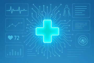 Fototapeta premium Digital Healthcare Technology with Medical Icons and Circuitry science