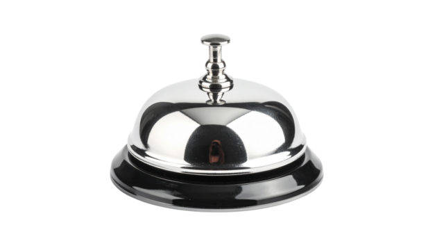 Classic shiny silver hotel reception bell on counter, isolated on transparent background, hospitality service concept