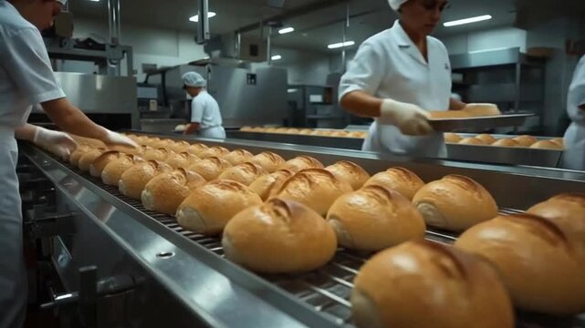 The image depicts a bakery facility with workers in white uniforms handling freshly baked bread rolls on a conveyor belt.