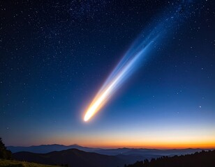 Comet streaking across a night sky over mountains at dawn