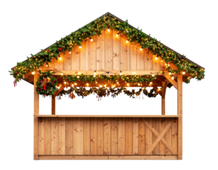  Traditional Wooden Christmas Market Stall with Garland and Lights, Isolated on Transparent Background PNG