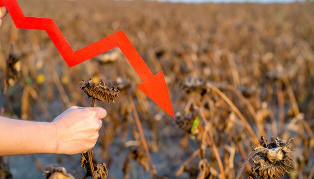 Agricultural decline and crop failure concept. Hand holding a dead sunflower in a dry field with a red graph arrow pointing down. - Powered by Adobe