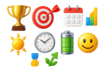 3D achievement icons set: trophy, target, calendar, chart, sun, clock, battery, medal, growth, emoji.