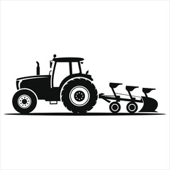 Black silhouette of a modern agricultural tractor with a plow attachment, farm machinery equipment for soil cultivation, farming vehicle icon isolated on white background, vector illustration design