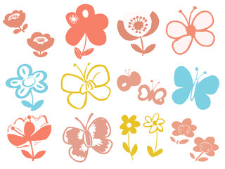 Crayon Style Pastel Butterflies, Bees & Flowers &ndash; Hand-Drawn Chalk & Pencil Insects and Floral Elements, Cute Simple Vector Art &ndash; クレヨン風パステル蝶・蜂・花の手描きベクターアート