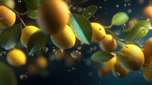 Vibrant lemons on leafy branches, floating with bubbles against a gradient blue backdrop
