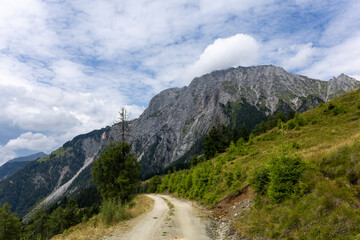 Gravel mountain trail leading towards rocky cliffs and forested slopes under cloudy summer sky