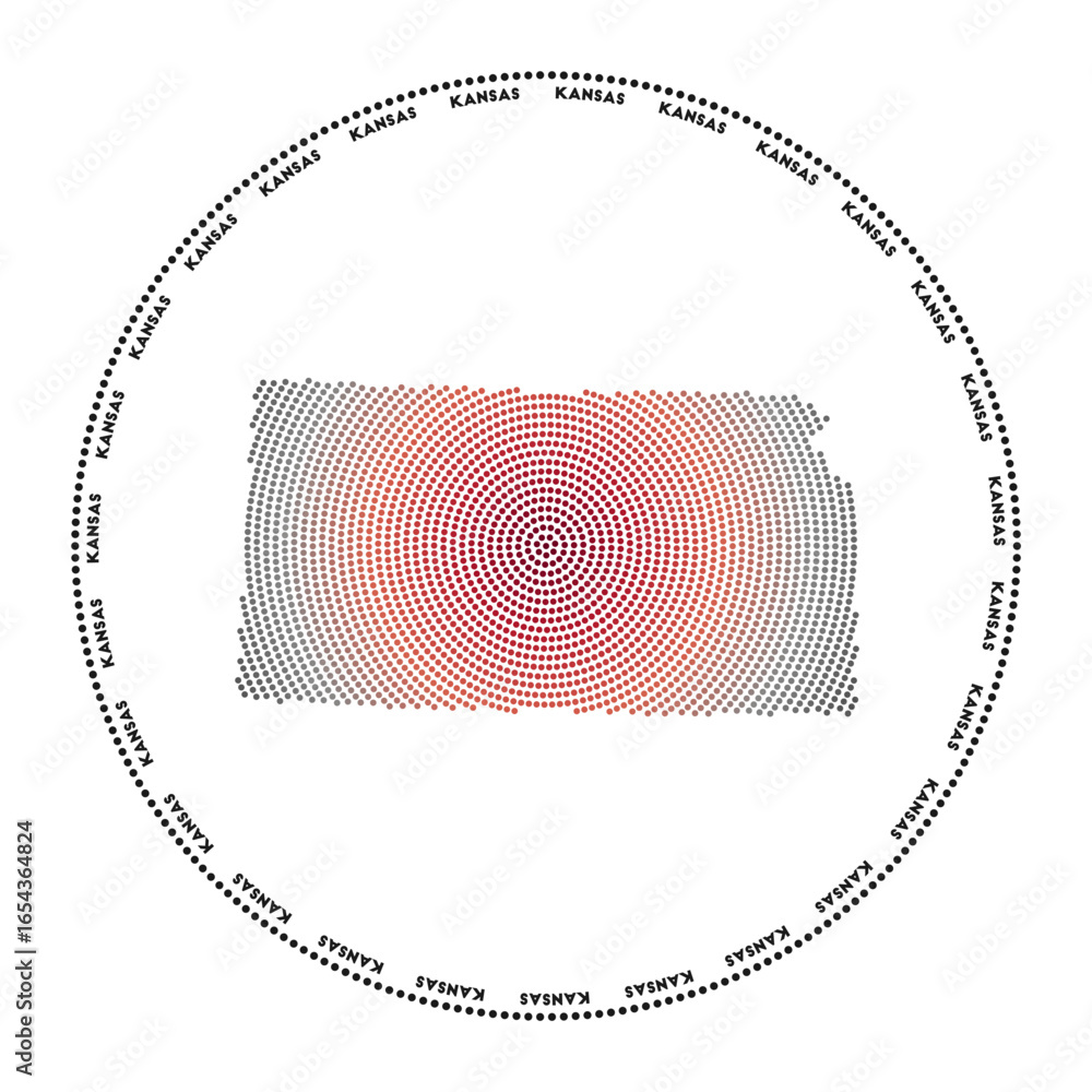 Aufkleber kansas round logo. digital style shape of kansas in dotted circle with us state name. tech icon of t